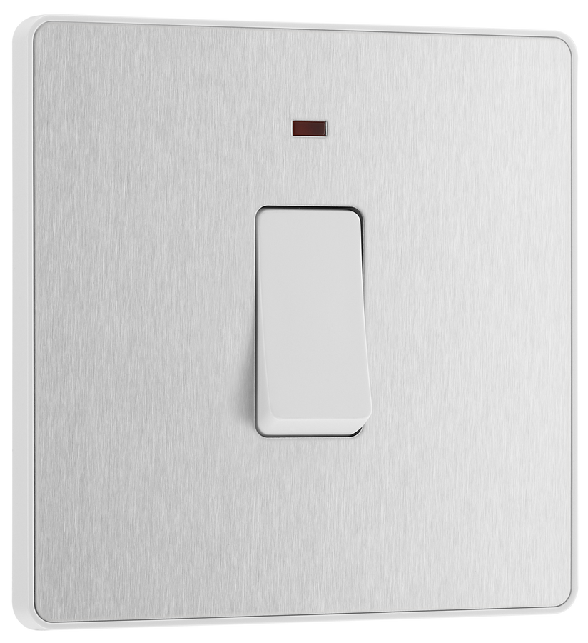 PCDBS31W Front - This Evolve Brushed Steel 20A double pole switch with indicator from British General has been designed for the connection of refrigerators, water heaters, central heating boilers and many other fixed appliances.