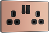 PCDCP22B Front - This Evolve Polished Copper 13A double switched socket from British General has been designed with angled in line colour coded terminals and backed out captive screws for ease of installation, and fits a 25mm back box making it an ideal retro-fit replacement for existing sockets.