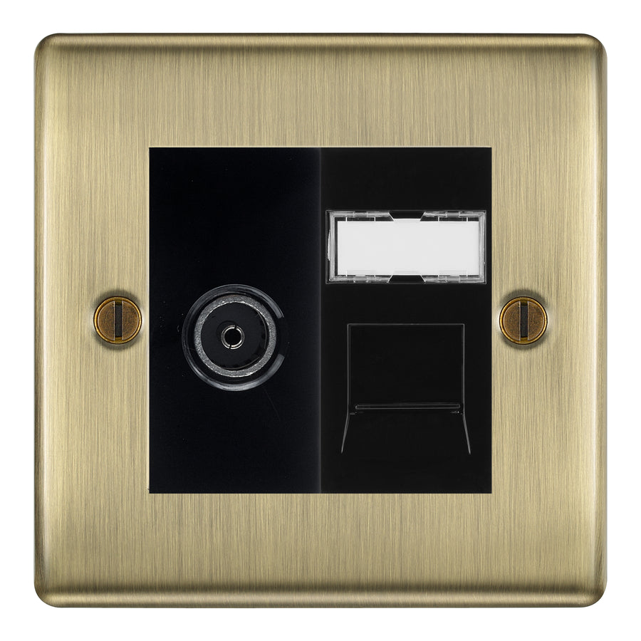 BG Nexus Antique Brass TV Aerial & RJ45 CAT6 Data Socket - Black Insert
