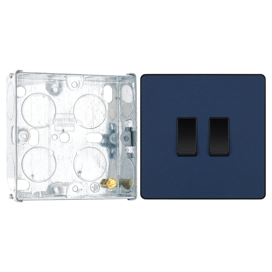 BG Evolve Matt Blue 2 Gang 20A 16AX 2 Way Light Switch PCDDB42B with 25mm Steel Back Box