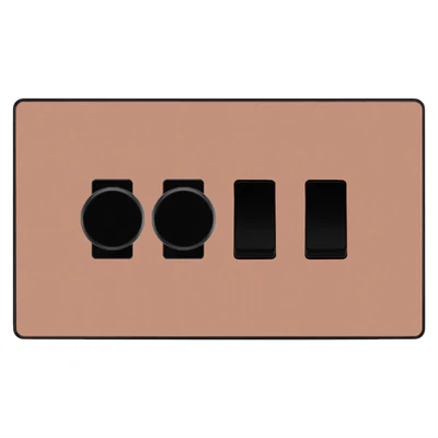 BG Evolve Polished Copper 4 Gang Light Switch Grid – 2x Trailing-Edge LED Dimmer, 1x Intermediate, 1x 2-Way Switch