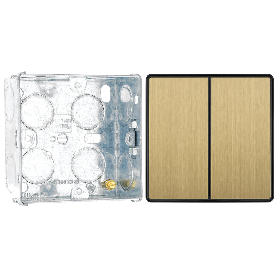 BG Evolve Satin Brass 2 Way Double Edge to Edge Rocker Switch PCDSB42EB with 35mm Steel Back Box
