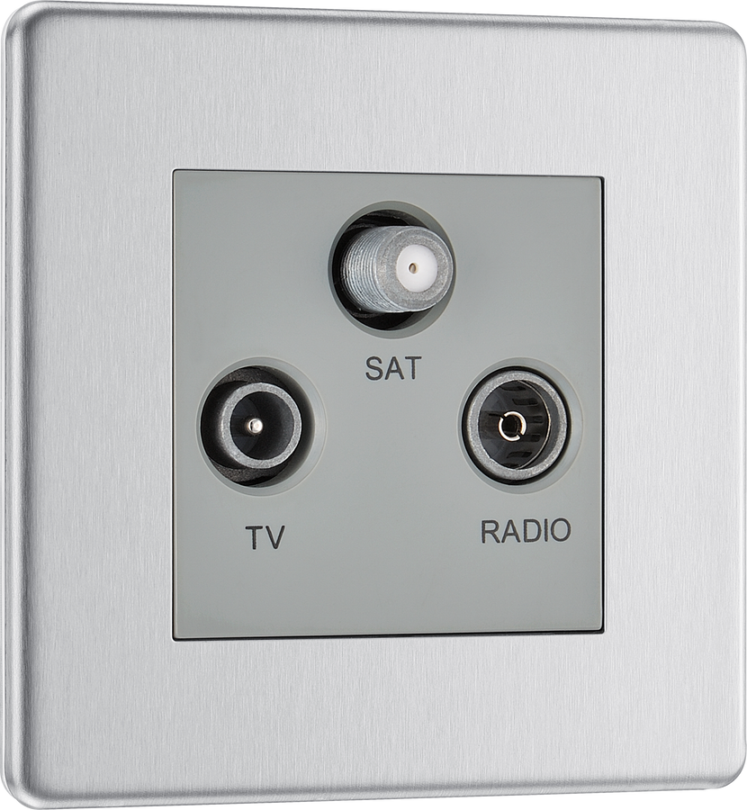 BG FBS67 Flatplate Screwless Triplex TV/FM/Sat socket - Screened, Brushed Steel - Grey Insert