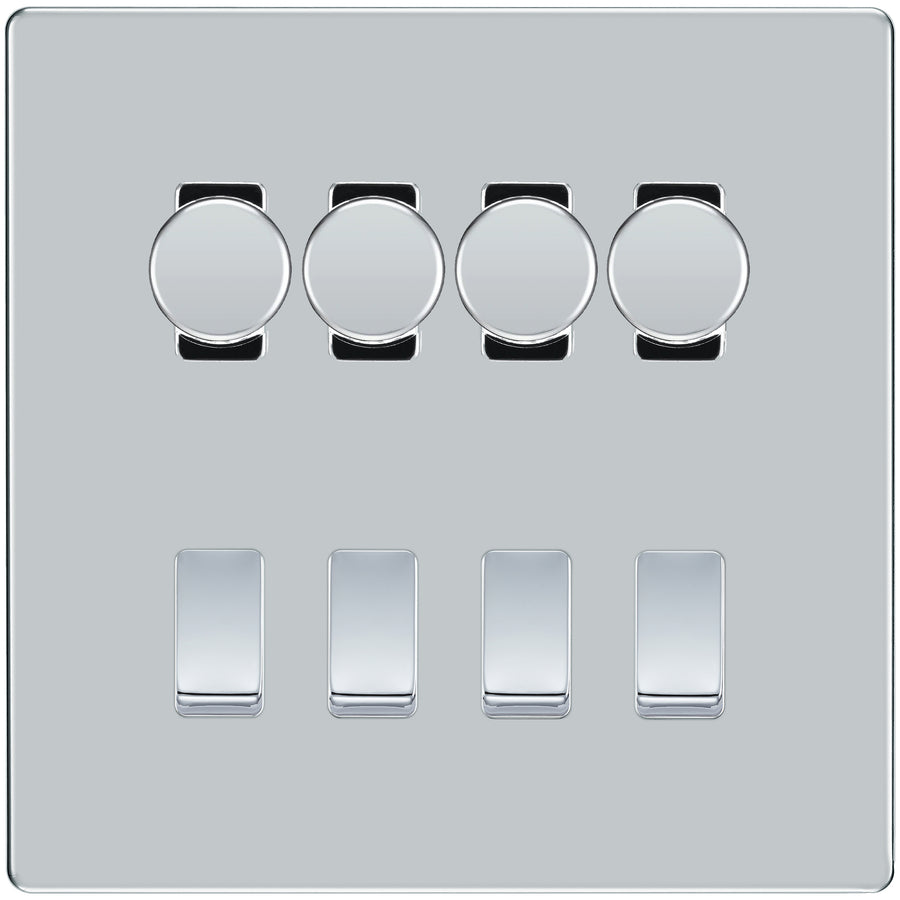 BG Screwless Polished Chrome 8 Gang Switch 4x Trailing Edge LED Dimmer 4x Intermediate Custom Grid Switch