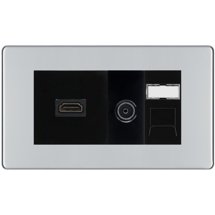 BG Screwless Polished Chrome Media Wall Plate TV Aerial, HDMI & CAT6 Outlet – Black Insert