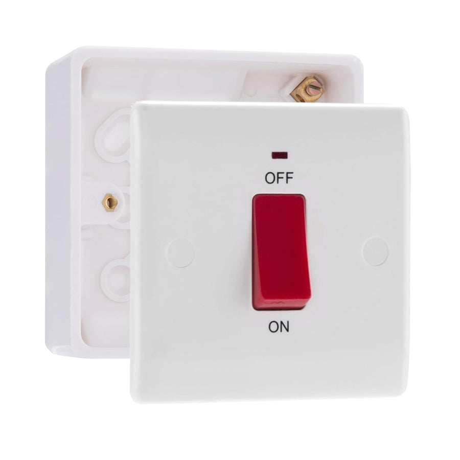 BG Nexus 1 Gang 45A 2 Pole Neon Cooker Switch White & 32mm Pattress Back Box