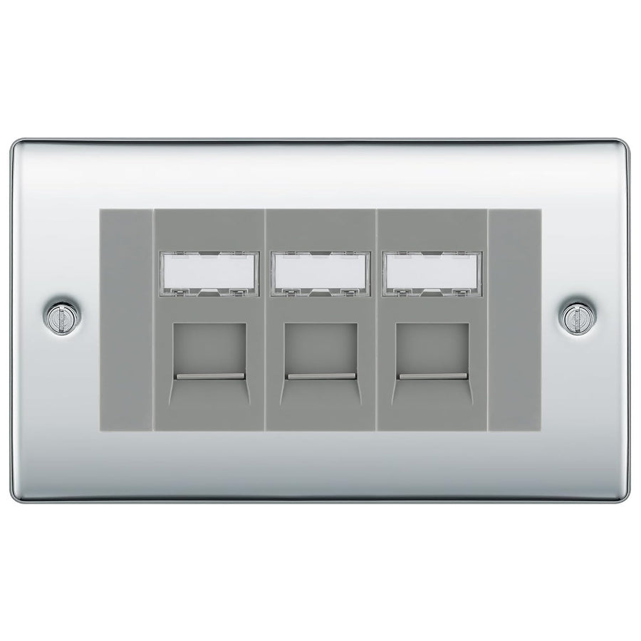BG Nexus Polished Chrome 3 Gang RJ45 Cat6 Data Socket Outlet Grey Inserts