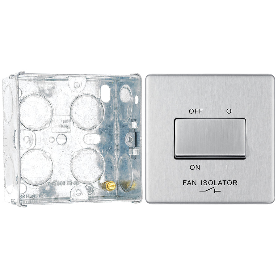 BG Screwless Brushed Steel 10A 3 Pole Fan Isolator Switch FBS15 with 35mm Steel Back Box