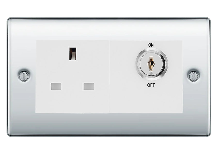 BG Nexus Polished Chrome 13A Double Pole Key Controlled Socket – White Inserts