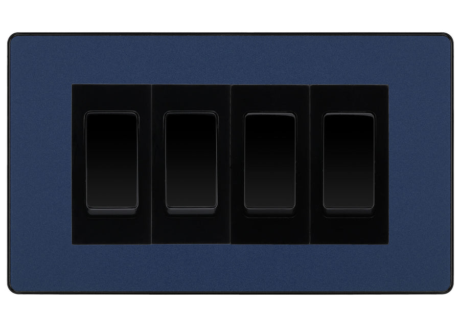 BG Evolve Matt Blue 4 Gang Intermediate Light Switch Custom Grid - Black Insert
