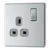  FPC21G Front - This Screwless Flat plate polished chrome finish 13A single switched socket from British General has a sleek flat profile that clips on and off for a screwless premium finish with no visible plastic around the switch.