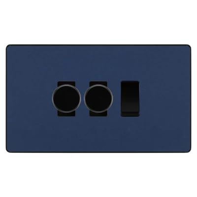 BG Evolve Matt Blue 3 Gang Switch 2x Trailing Edge LED Dimmer 1x Intermediate Custom Grid Switch