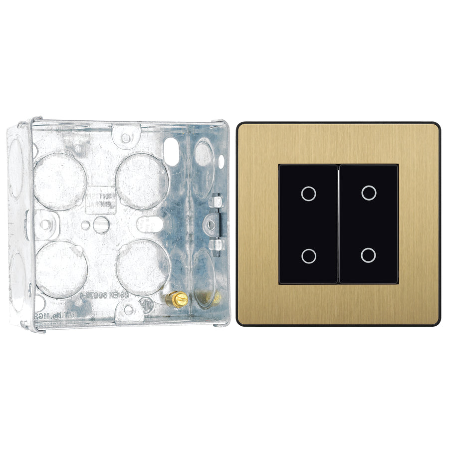 BG Evolve Satin Brass Double Secondary Touch Dimmer Switch PCDSBTDS2B with 35mm Steel Back Box