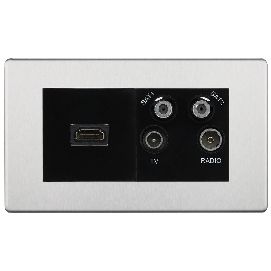 BG Screwless Brushed Steel 4G Faceplate with HDMI + TV/FM/SAT Module - Black