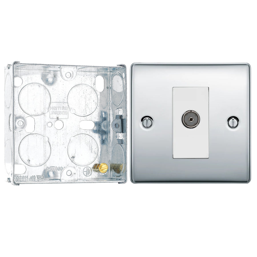 BG Nexus Polished Chrome Single Isolated Coaxial Socket NPC62 with 25mm Steel Back Box