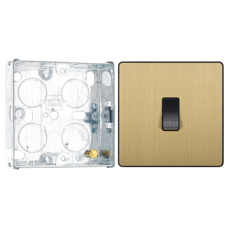 BG Evolve Satin Brass 10AX 1 Way Press Switch PCDSB14B with 25mm Steel Back Box