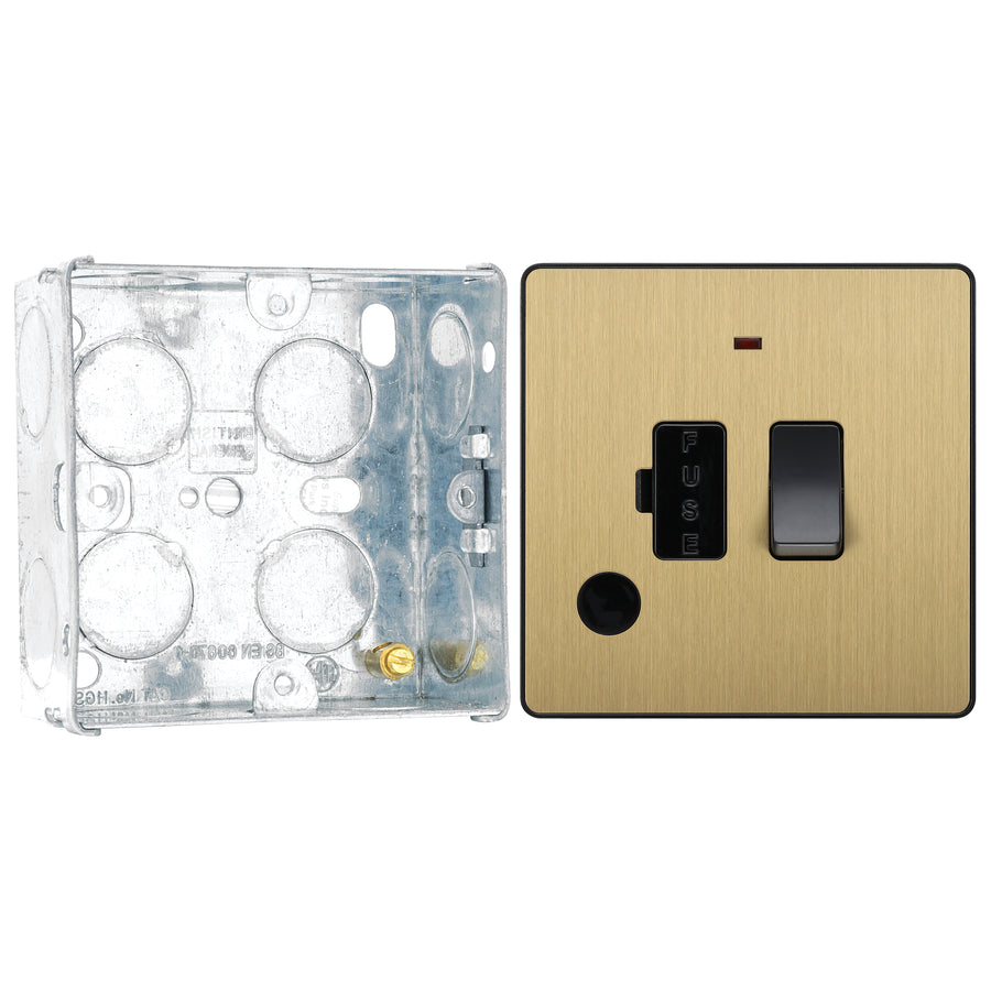 BG Evolve Satin Brass 13A Switched Spur with Neon and Flex Outlet PCDSB52B with 35mm Steel Back Box