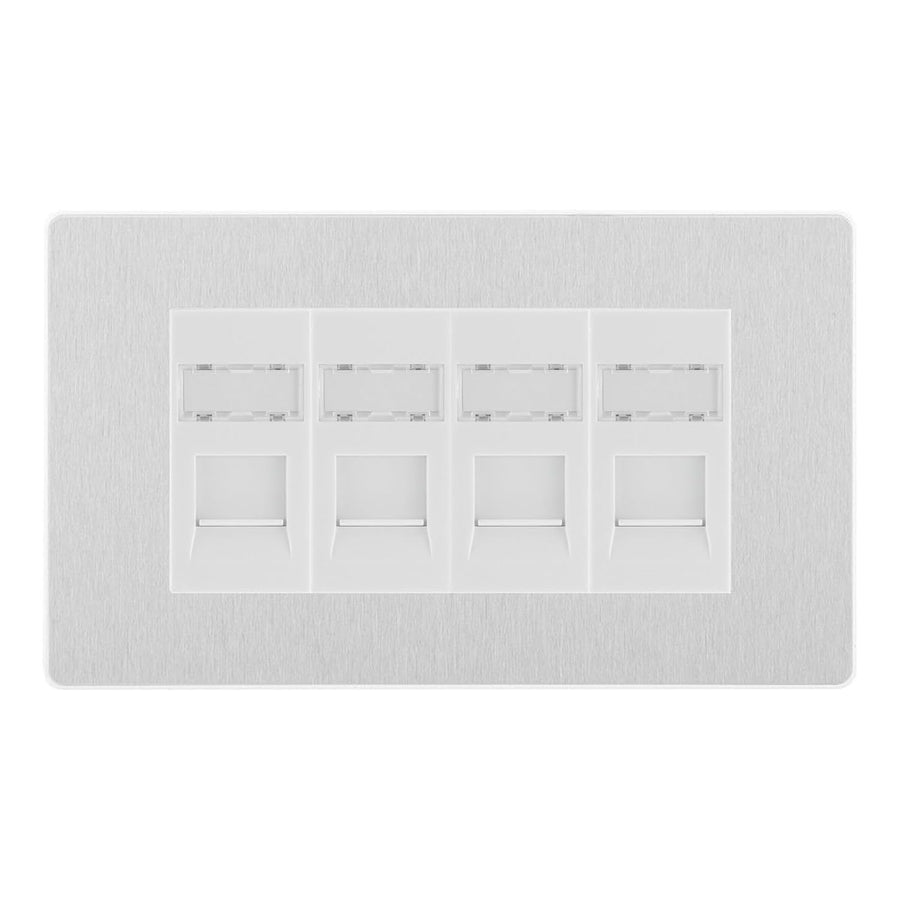 BG Evolve Brushed Steel 4 Gang RJ45 Cat6 Data Socket Outlet White Inserts