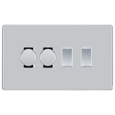 BG Screwless Polished Chrome 4 Gang Switch 2x Trailing Edge LED Dimmer 2x Intermediate Custom Grid Switch