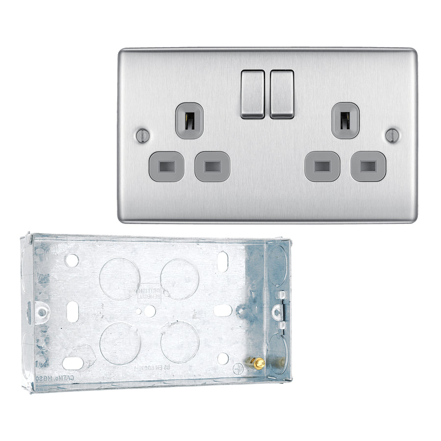BG Nexus Metal Brushed Steel 13A Double Socket NBS22G with 25mm Steel Back Box