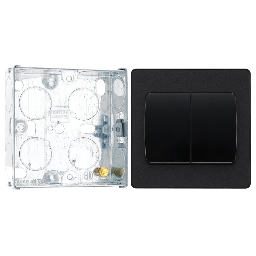 BG Evolve Matt Black 2 Gang 20A 16AX 2 Way Wide Rocker Light Switch PCDMB42WB with 25mm Steel Back Box