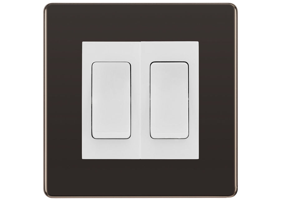 BG Electrical Screwless Black Nickel 2-Gang Light Switch 1x 2-Way + 1x Intermediate – White Inserts