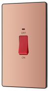 PCDCP72B Front - This Evolve Polished Copper 45A double pole switch with indicator from British General is ideal for use with cookers and has a large mounting plate measuring 146mm high x 86mm wide.