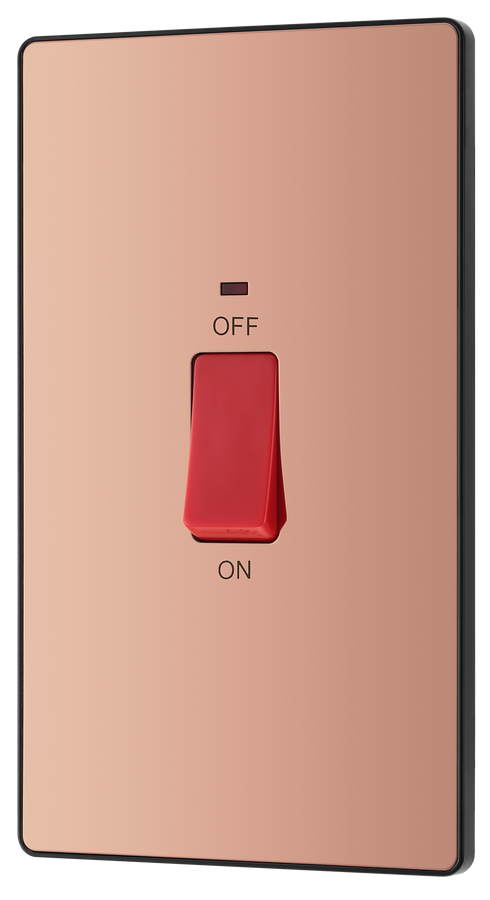 PCDCP72B Front - This Evolve Polished Copper 45A double pole switch with indicator from British General is ideal for use with cookers and has a large mounting plate measuring 146mm high x 86mm wide.