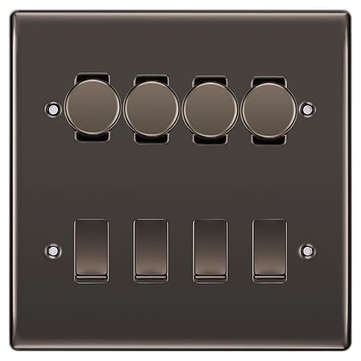 BG Nexus Black Nickel 8 Gang Switch 4x Trailing Edge LED Dimmer, 2x Intermediate, 2x 2-Way Switch
