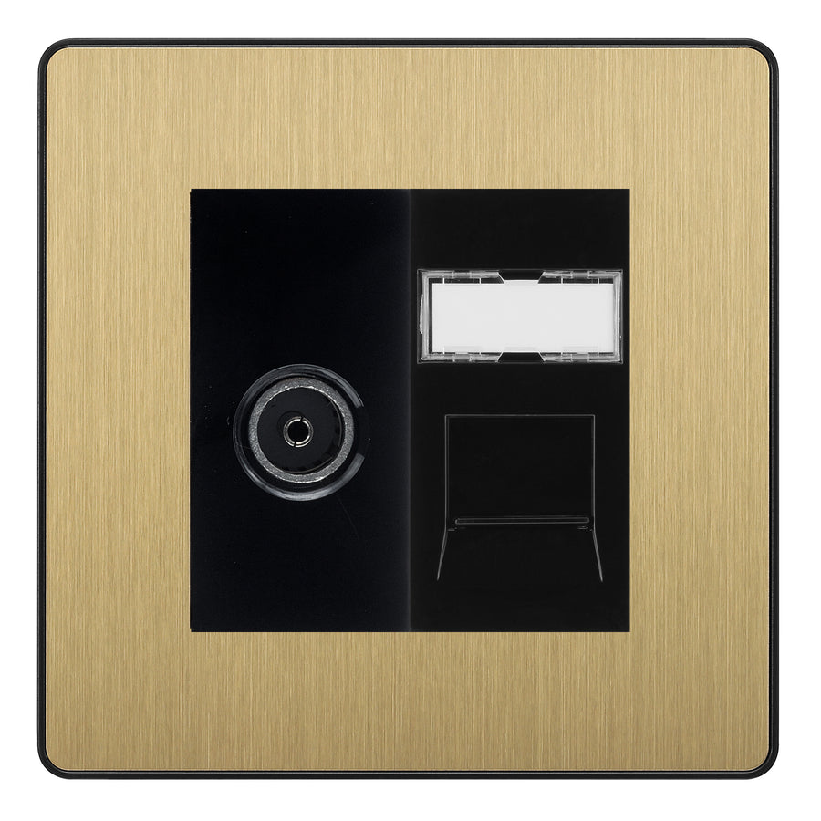 BG Evolve Satin Brass TV Aerial & RJ45 CAT6 Data Socket - Black Insert