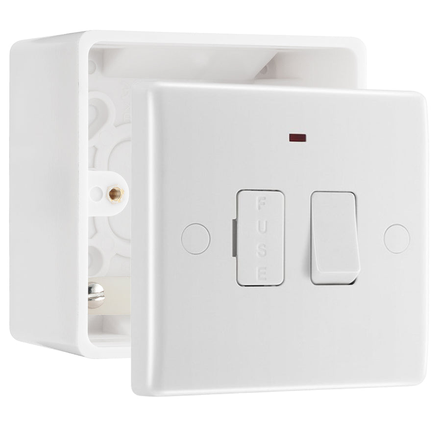 BG Nexus 13A 2 Pole Switched Neon Cable Outlet White & 50mm Pattress Back Box