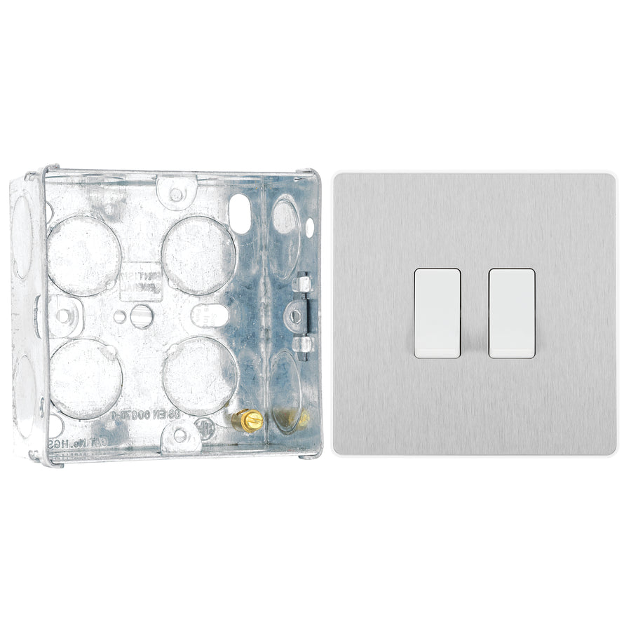 BG Evolve Brushed Steel 2 Gang 20A 16AX 2 Way Light Switch PCDBS42W with 35mm Steel Back Box