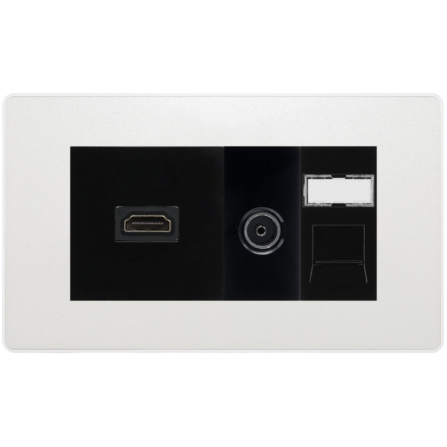 BG Evolve Media Wall Plate — TV Aerial, HDMI & CAT6 | Pearlescent White Screwless