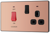 PCDCP70B Front - This Evolve Polished Copper 45A cooker control unit from British General includes a 13A socket for an additional appliance outlet, and has flush LED indicators above the socket and switch.