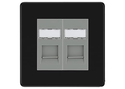 BG Screwless Matt Black 2 Gang RJ45 Data Socket FFBRJ452G Grey Inserts