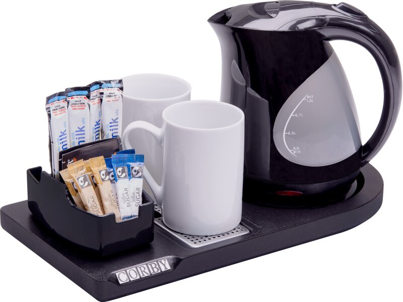 Corby Lancaster Compact Welcome Tray with Lancaster 1L Kettle in Black - UK Plug