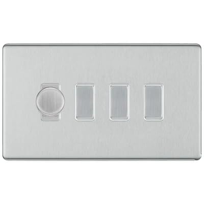 BG Screwless Brushed Steel 4 Gang Switch 1x Trailing Edge LED Dimmer 3x Intermediate Custom Grid Switch