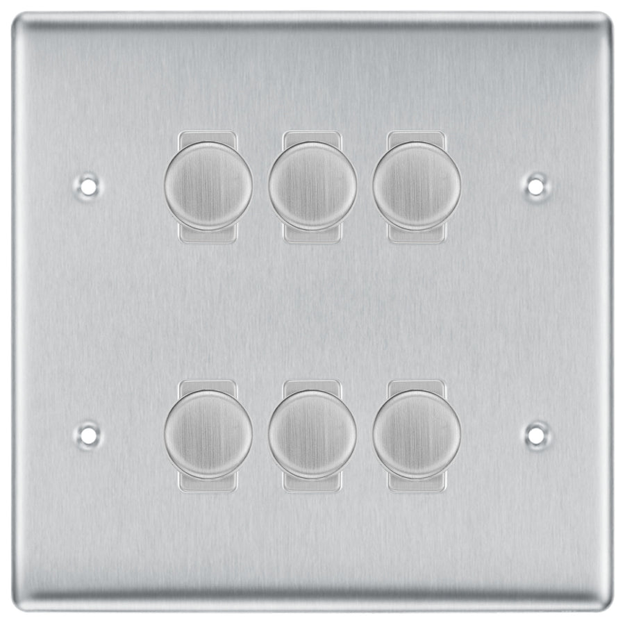 BG Brushed Steel 6 Gang Trailing Edge LED Dimmer Light Switch 2 Way Custom Switch
