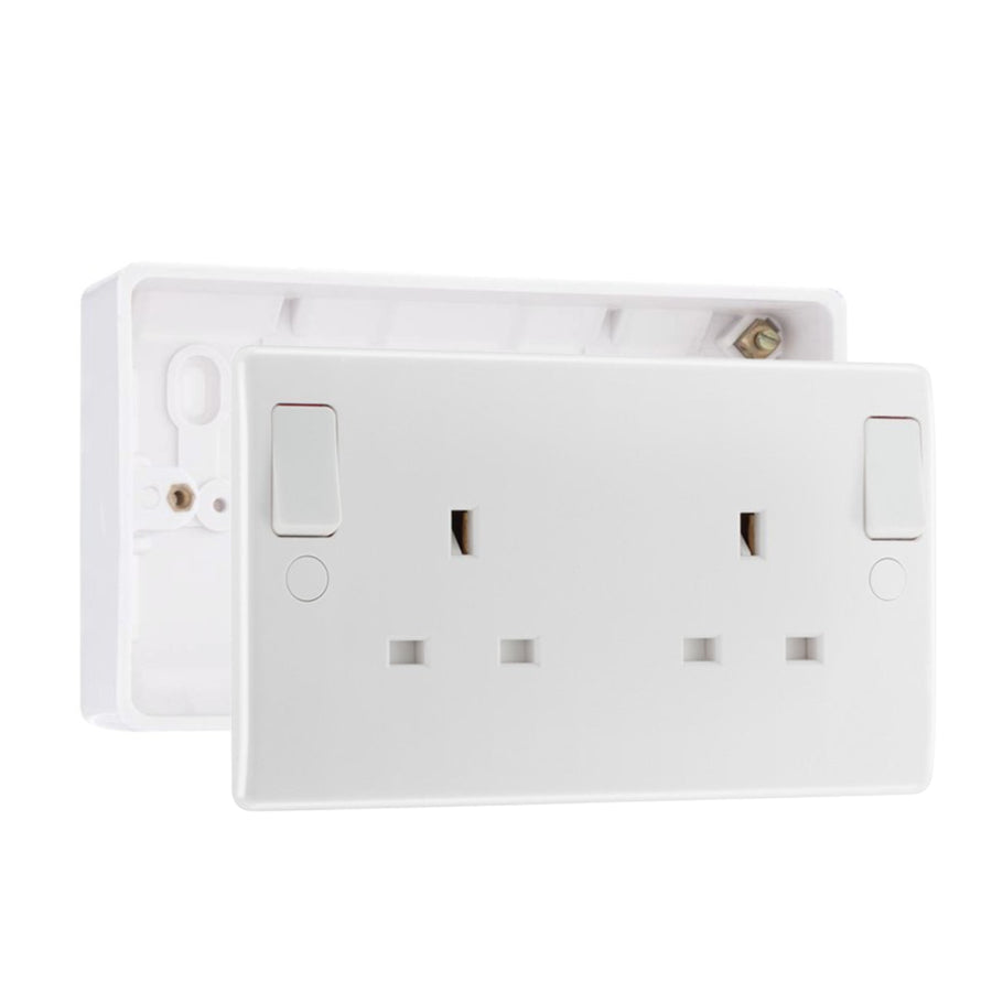 BG Nexus 13A DP Double Socket + Outboard Rockers White & 32mm Pattress Back Box