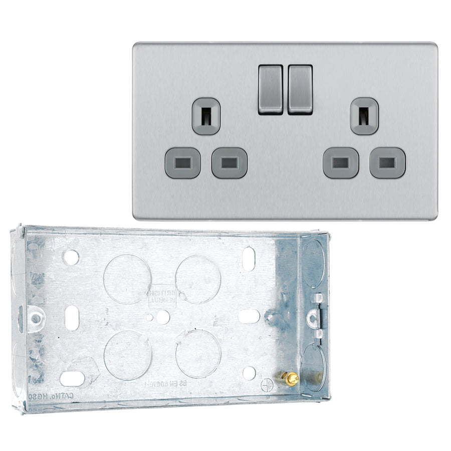 BG Screwless Brushed Steel 13A Double Socket FBS22G with 25mm Steel Back Box