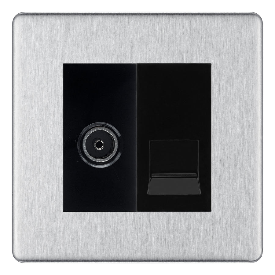 BG Screwless Brushed Steel TV Aerial & BT Telephone Outlet Plate — Black Insert