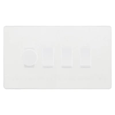 BG Evolve Pearlescent White 4 Gang Switch 1x Trailing Edge LED Dimmer 3x Intermediate Custom Grid Switch