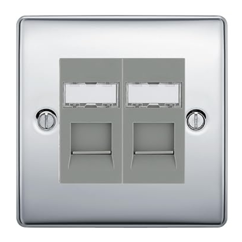 BG Nexus Metal Polished Chrome 2 Gang RJ45 Data Socket NPCRJ452G Grey Inserts