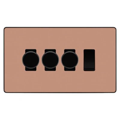BG Evolve Polished Copper 4 Gang Switch 3x Trailing Edge LED Dimmer 1x Intermediate Custom Grid Switch