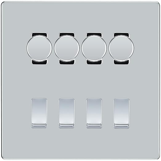 BG Screwless Polished Chrome 8 Gang Switch 4x Trailing Edge LED Dimmer, 2x Intermediate, 2x 2-Way Switch