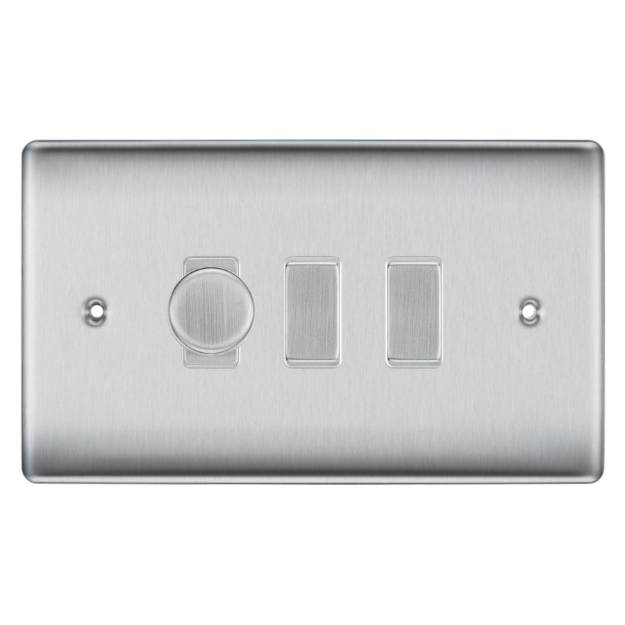 BG Nexus Brushed Steel 3 Gang Light Switch Grid – 1x Trailing-Edge LED Dimmer, 1x Intermediate, 1x 2-Way Switch