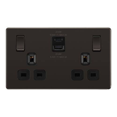 BG Screwless Black Nickel 13A Double USB 22W A+C Ports FBN22UAC22B