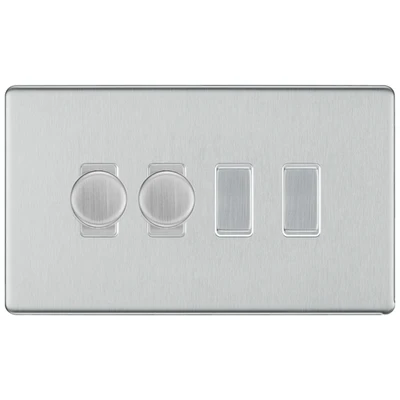BG Screwless Brushed Steel 4 Gang Light Switch Grid – 2x Trailing-Edge LED Dimmer, 1x Intermediate, 1x 2-Way Switch