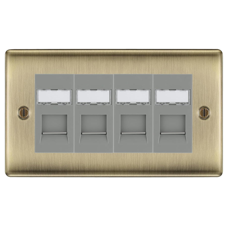 BG Nexus Antique Brass 4 Gang RJ45 Cat6 Data Socket Outlet Grey Inserts