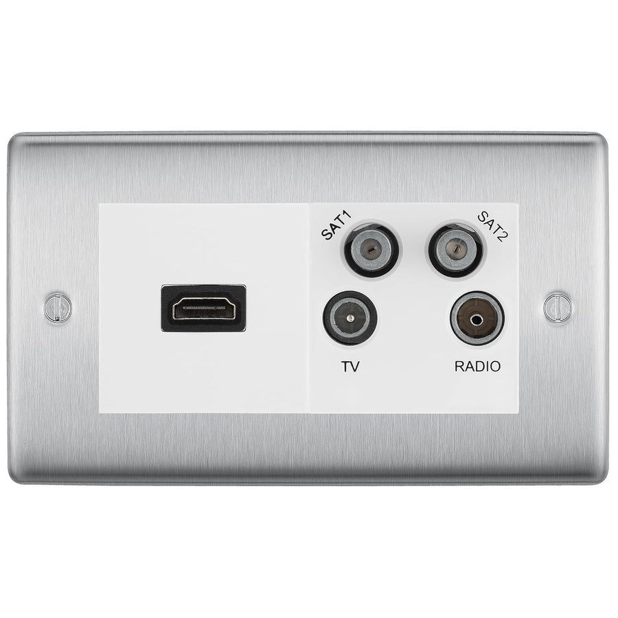 BG Nexus Brushed Steel 4G Faceplate with HDMI + TV/FM/SAT Module - White Insert